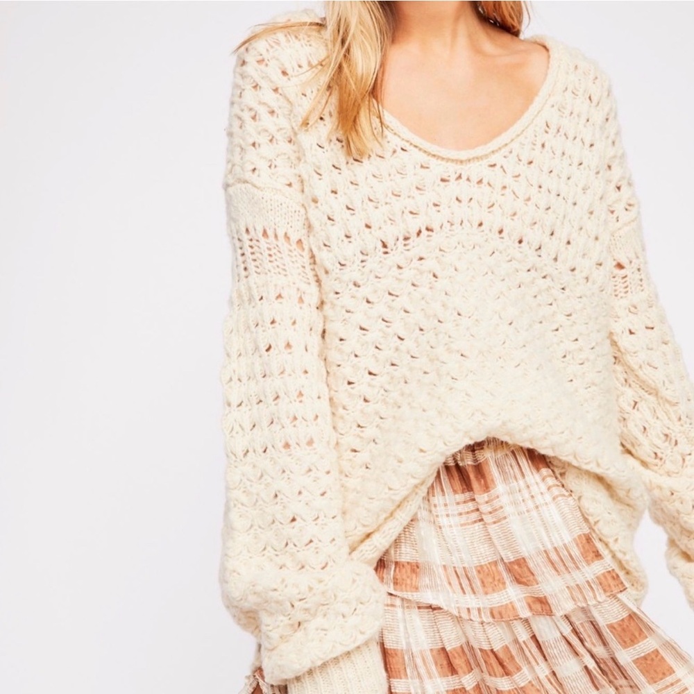 Free People Crashing Waves Wool Blend Pullover Cream Knit Sweater - Picture 2 of 16